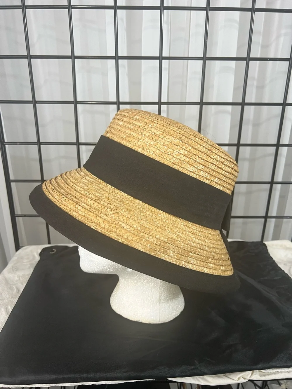 VINTAGE Macy’s Straw Bucket Hat with Black Bands and Bow